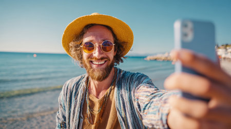 A cheerful man with sunglasses smiles broadly while taking a selfie in a bright blue swimming pool, radiating happiness, summer enjoyment. Ideal for illustrating vacation, leisure, carefree lifestyle.の素材