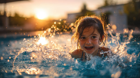 Cheerful child splashing and laughing in a swimming pool during sunset. Perfect for themes of summer fun, childhood joy, holidays, and water activitiesの素材