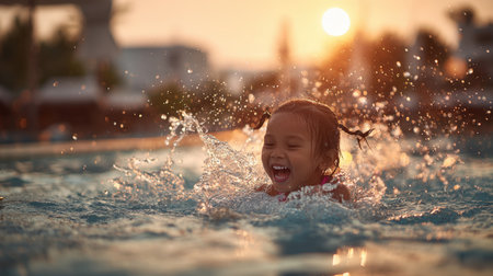 Cheerful child splashing and laughing in a swimming pool during sunset. Perfect for themes of summer fun, childhood joy, holidays, and water activitiesの素材