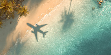 A stunning aerial view of a pristine tropical beach, featuring the shadow of an airplane casting over the clear turquoise water and sandy shore, evoking feelings of travel and luxurious getaways.の素材