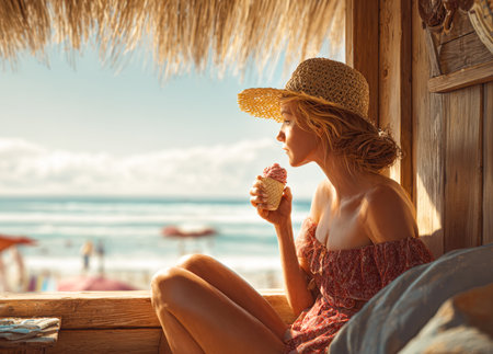 A captivating image of a woman enjoying an ice cream cone while looking out at the ocean from a cozy beach hut, perfectly illustrating summer relaxation and tropical vacation vibes.の素材