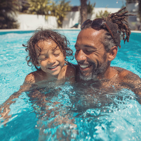 Cherished moments of a father and son's summer swim, showcasing happiness and connection in a clear blue pool. Ideal for capturing the essence of family fun, leisure, and active lifestyles.の素材