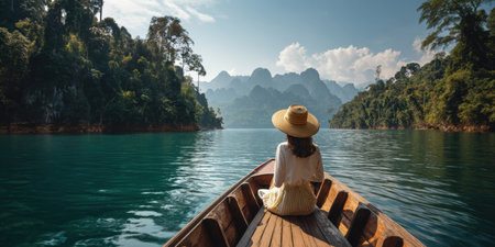 Woman in a straw hat on a traditional boat, admiring a serene lake surrounded by stunning mountains. Perfect for travel, nature, escape, and adventure themes.の素材