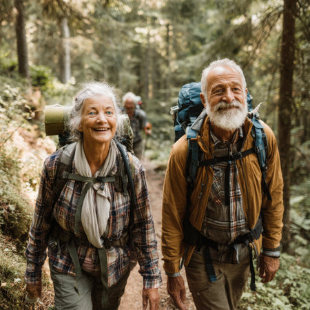 Happy elderly couple with backpacks smiles at the camera while hiking in a forest, embodying an active retirement and healthy lifestyle.の素材