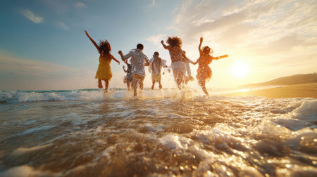 A group of friends joyfully running and leaping through the ocean waves at sunset, embodying pure happiness, freedom, and the exhilaration of summer adventures on a beautiful beach.の素材