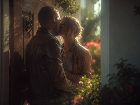 A romantic and intimate moment captured as a couple shares a tender kiss, bathed in warm, natural light. This heartfelt embrace conveys deep affection, connection, and the beauty of shared love.の素材