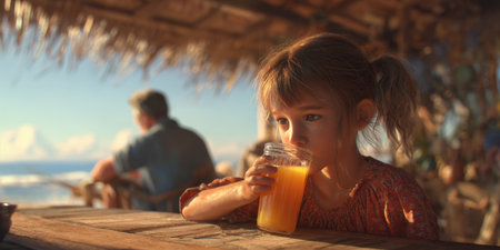 A sweet young child with freckles enjoys a glass of orange juice in a sunlit beach hut. Perfect for themes of childhood, tropical vacations, and healthy refreshment.の素材