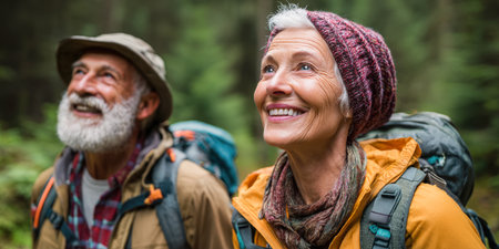 Happy elderly couple with backpacks smiles at the camera while hiking in a forest, embodying an active retirement and healthy lifestyle.の素材