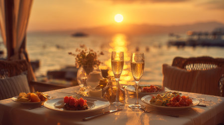 Indulge in an unforgettable dining experience with breathtaking ocean views as the sun dips below the horizon, featuring sparkling champagne and exquisitely prepared dishes for a truly magical evening.の素材