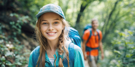 A happy young person with braids and a backpack smiles brightly at the camera while hiking a lush green forest trail, embodying the joy of outdoor adventure and nature exploration.の素材