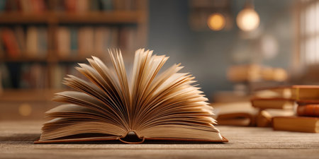 An open book with fanned pages rests on a wooden table, with a blurred background of bookshelves and warm lighting, evoking a sense of knowledge, study, and literary exploration.の素材