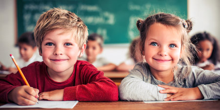 Two happy children, a boy and a girl, smile brightly at the camera while sitting at their desks in a classroom, appearing engaged and content with their learning experience.の素材