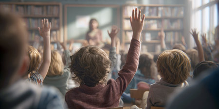 A rear view of multiple students in a classroom, with several hands raised, showing active participation. A teacher is visible at the front, and booksshelves line the background, creating a well-resourced educational atmosphere.の素材