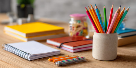 A close-up view of a wooden desk featuring a collection of school and office supplies, including a ceramic holder filled with colorful pencils, various notebooks, pens, and a jar of miscellaneous items in the blurred background.の素材