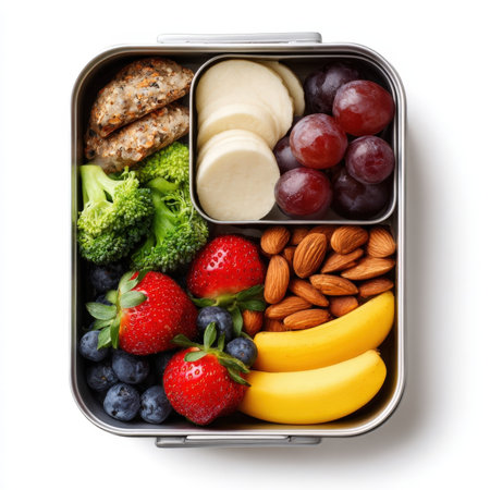 A top-down view of a stainless steel bento box filled with a variety of healthy foods: cooked broccoli, chicken or fish patties, sliced bananas, red grapes, blueberries, strawberries, and almonds. Ideal for healthy eating concepts.の素材