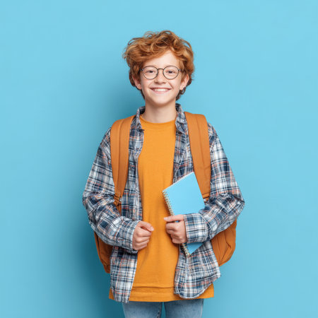 A cheerful boy with glasses and a backpack, holding a notebook, smiles confidently against a vibrant blue background. Perfect for themes of education, back-to-school, happy students, and youthful optimism.の素材