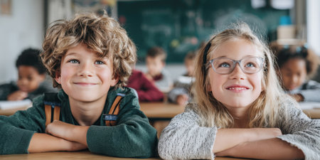 A close-up of two smiling young students, a boy and a girl, with their heads resting on their arms on a wooden desk. They appear engaged and happy in a classroom setting, with other students and a blackboard blurred in the background.の素材
