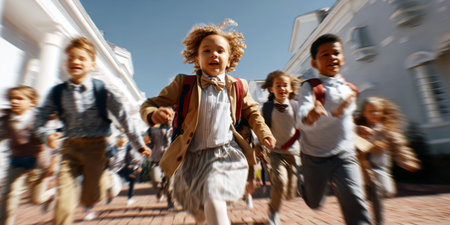 A dynamic shot of diverse elementary students joyfully running outdoors, blurring with motion as they eagerly leave school. Perfect for illustrating childhood energy, education, and freedom.の素材