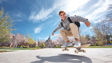 Young man in mid-air on a skateboard, exuding joy and freedom. He is smiling brightly, wearing a gray hoodie, tan pants, and a backpack, suggesting a student on a college campus.の素材
