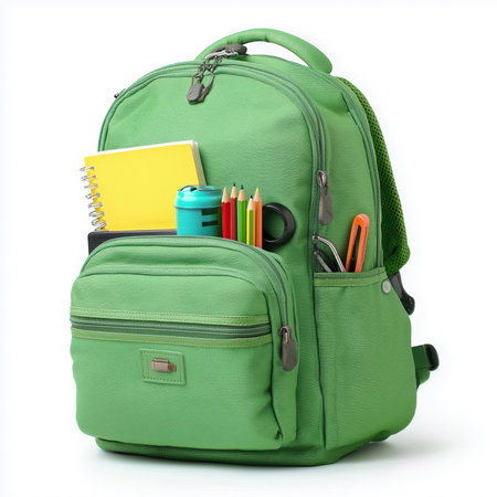 A vibrant green backpack, brimming with school essentials like a notebook, pencils, and stationery, isolated on a clean white background. Perfect for back to school themes, education, and organized learning.の素材