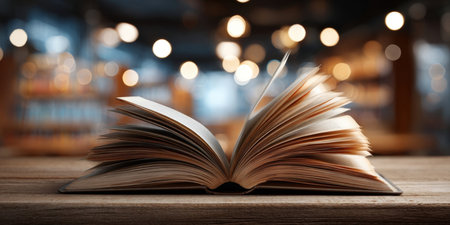 An open book resting on a wooden table, its pages splayed, set against a beautifully blurred background of warm, shimmering lights. Ideal for themes of education, storytelling, imagination, and cozy readingの素材