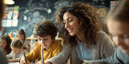 A warm and supportive female teacher assists a young male student with his writing at a desk in a lively classroom. This image emphasizes individualized attention, effective teaching, and a positive learning environment.の素材