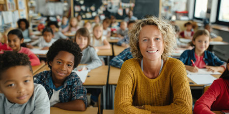 A cheerful female teacher smiles directly at camera, surrounded by a vibrant and engaged classroom full of diverse students at their desks. This image encapsulates a positive learning environment, dedicated teaching, and active student participationの素材