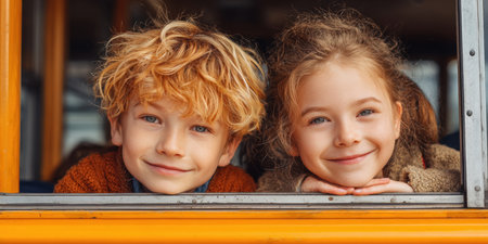 Two happy children, a boy and a girl, lean out of a school bus window, smiling brightly. This image perfectly captures the excitement of going to school, childhood friendships, and the school bus experience.の素材