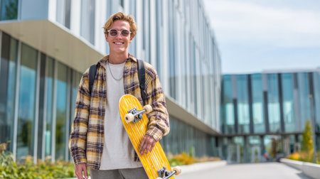 A stylish young man with a skateboard and backpack smiles confidently while standing in front of a modern university building. This image perfectly captures themes of youth culture, education, urban lifestyle, and independence.の素材