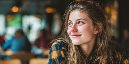 A close-up portrait of a young woman with a gentle smile and expressive eyes looking thoughtfully to the side in a blurred indoor setting. Ideal for conveying ideas of contemplation, happiness, student life, and a bright outlook.の素材