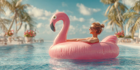 A woman enjoys a luxurious tropical vacation, lounging on a pink flamingo inflatable in an infinity pool, with a breathtaking view of the sparkling blue ocean and a white sand beach beyondの素材