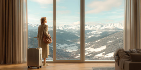 A sophisticated traveler stands with her luggage, admiring a stunning sunset view of a snow mountains from a large hotel window, embodying luxury travel, serene getaways, inspiring destinations.の素材