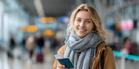 A happy woman with a scarf and boarding pass smiles in an airport. Perfect for themes of travel, holidays, adventure, and airport experiencesの素材