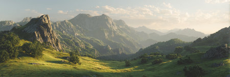 Panoramic view of majestic, tree-covered mountains under soft sky, with blurred foreground grass, evoking tranquility and natural grandeur. Perfect for themes of nature, travel, environmental beauty.の素材