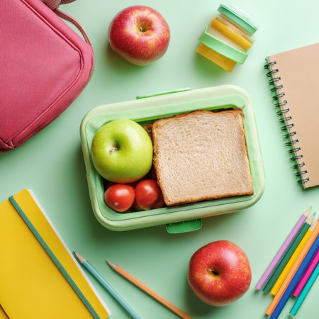 A top-down view of a neatly packed lunchbox with a sandwich, apples, and tomatoes, surrounded by school supplies like a backpack, notebooks, and pencils, ready for a nutritious school day.の素材