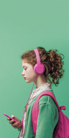 A stylish young girl, viewed in profile, is immersed in her music with bright pink headphones and holds a smartphone. Dressed in a cozy green cardigan and carrying a matching pink backpack, she represents youth, digital connection, and personal styleの素材