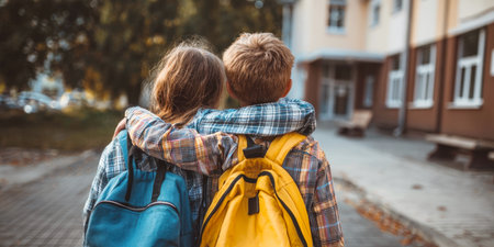 Close Friends Embracing After School: A Heartwarming Scene of Childhood Friendship and Companionship on Campus Grounds.の素材