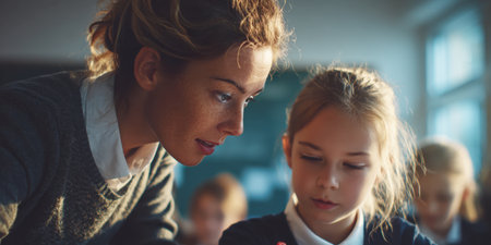 A kind teacher leans in to assist a student during a classroom activity, demonstrating personalized attention and support. The focused expressions highlight a moment of concentrated learning and guidanceの素材