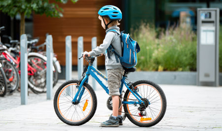 A young boy, wearing blue helmet, backpack, stands confidently with his bicycle outdoors. Symbol of independence, readiness for adventure, active childhood, outdoor recreation, safe travel. It's perfect for conveying youth mobility, healthy lifestyleの素材