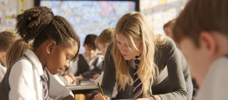 Supportive Teacher Guides Students: Focused Learning in a Dynamic Classroom. A dedicated female teacher, possibly a tutor, helps a student with her work at a desk in a classroom setting, emphasizing personalized learning and academic support.の素材