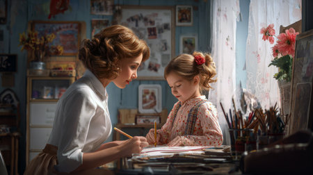 Enchanting Creative Duo: Mother and Child Engaged in Artistic Learning, Fostering Imagination and Development in a Warm Home Setting.の素材