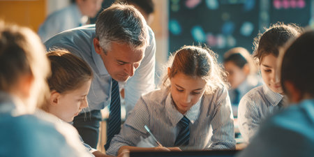 A dedicated teacher, leaning in attentively, guides a group of students engaged in a classroom activity. The students are focused on their work, learning, supportive education. Effective teaching and student engagement in learning environment.の素材