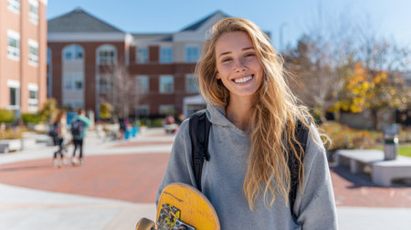 A cheerful female student with long, wavy hair and a backpack smiles brightly while holding a skateboard on a university campus. The vibrant outdoor setting with modern buildings suggests a dynamic and engaging academic environmentの素材