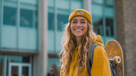 Smiling woman with long, wavy hair, wearing yellow hoodie carrying a skateboard. Her joyful expression, casual urban style perfectly conveys the themes of youth, freedom, and an active lifestyle. Modern youth culture, individuality, and outdoor leisure.の素材