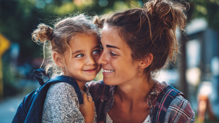 A beautiful and heartwarming close-up captures a mother and daughter sharing an affectionate moment, cheek to cheek, with joyful smiles. The image conveys strong themes of family love, tenderness, happiness, for illustrating nurturing relationshipsの素材
