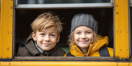 Two happy children, a boy and a girl, lean out of a school bus window, smiling brightly. This image perfectly captures the excitement of going to school, childhood friendships, school bus experience.の素材