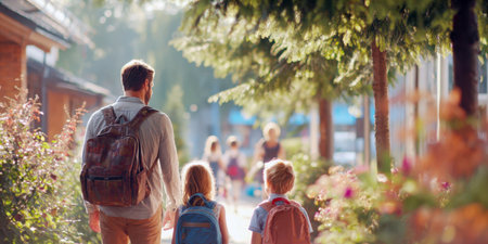 A parent and two children, wearing backpacks, walk away, suggesting a morning commute to school. Themes of family support, education, daily journey, making it ideal for depicting parental involvement start of new school day.の素材