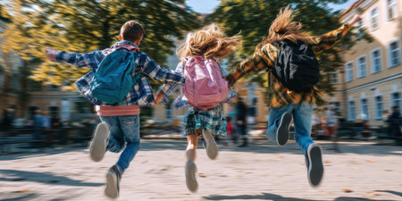 Three excited children with backpacks are captured mid-leap, running away from the camera with arms outstretched, conveying boundless energy and joy. This dynamic image is perfect for illustrating themes of friendship, freedomの素材
