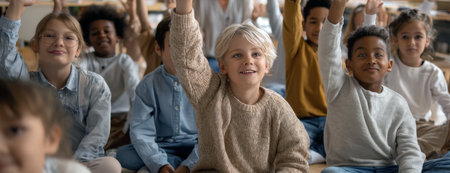 A vibrant group of diverse students, seated attentively in a classroom, eagerly raise their hands, showing their enthusiasm and active participation in learning.の素材