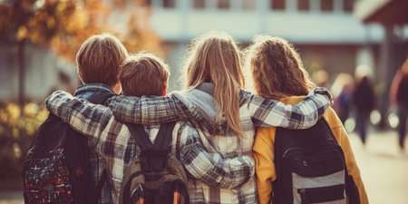 Four young students with backpacks, arms around each other's shoulders, walk together, facing away from the camera, symbolizing enduring friendship and shared experiences on their school path.の素材
